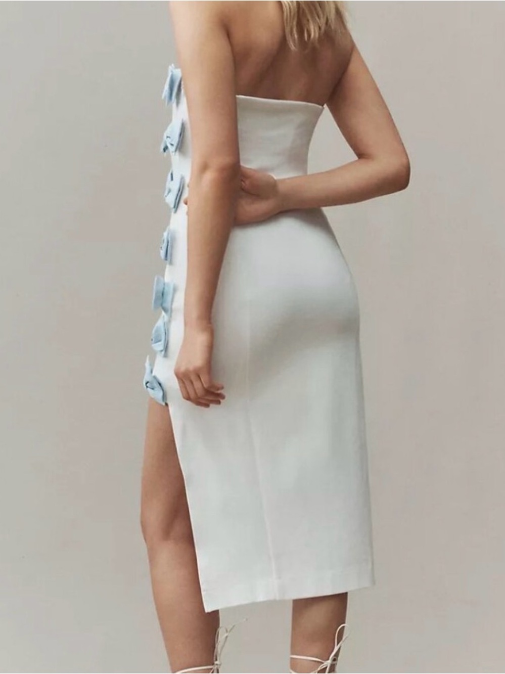 BHLDN Asymmetrical Strapless White Midi Dress with Blue Bow Detail